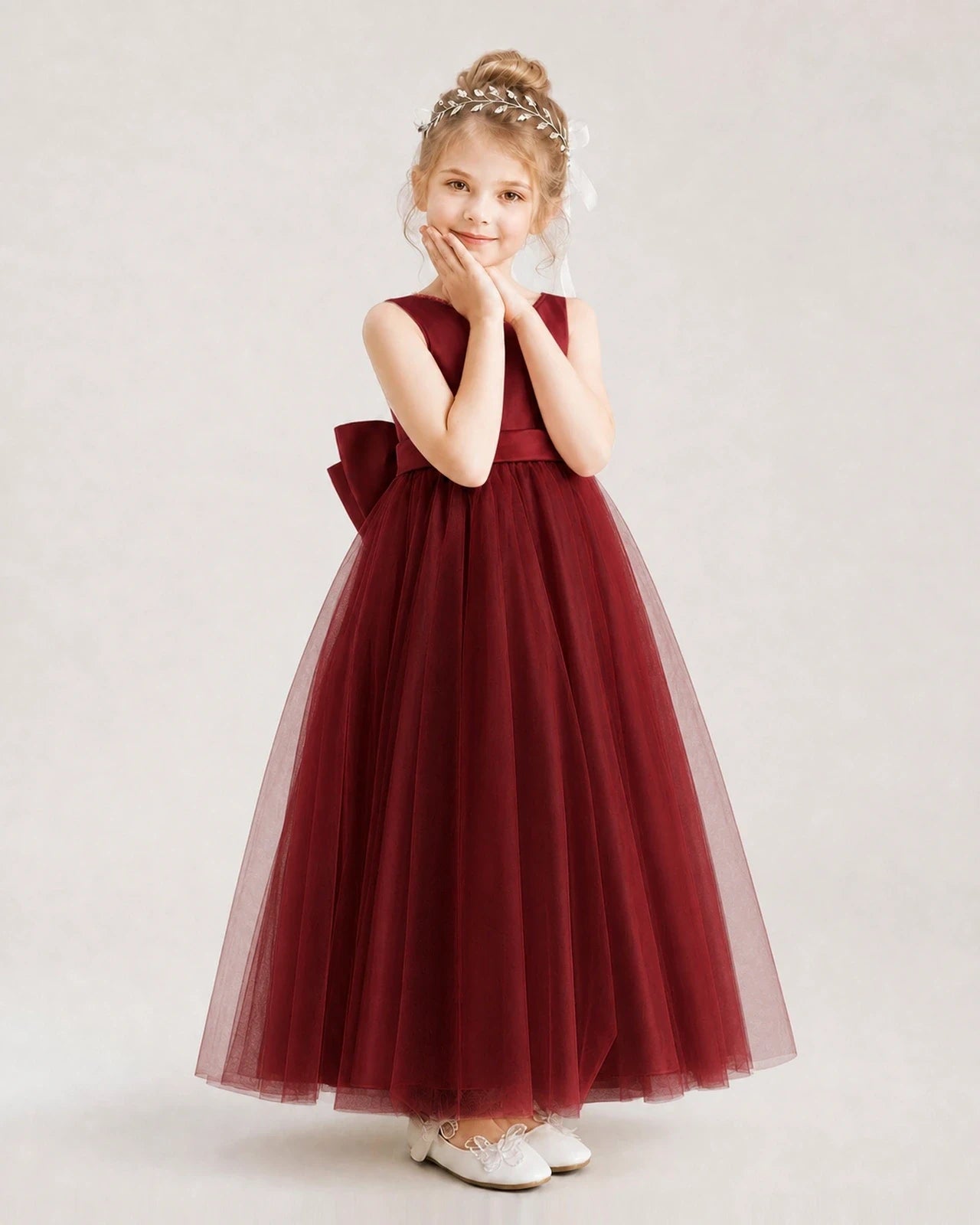 Burgundy Satin Tulle A-Line Flower Girl Dresses