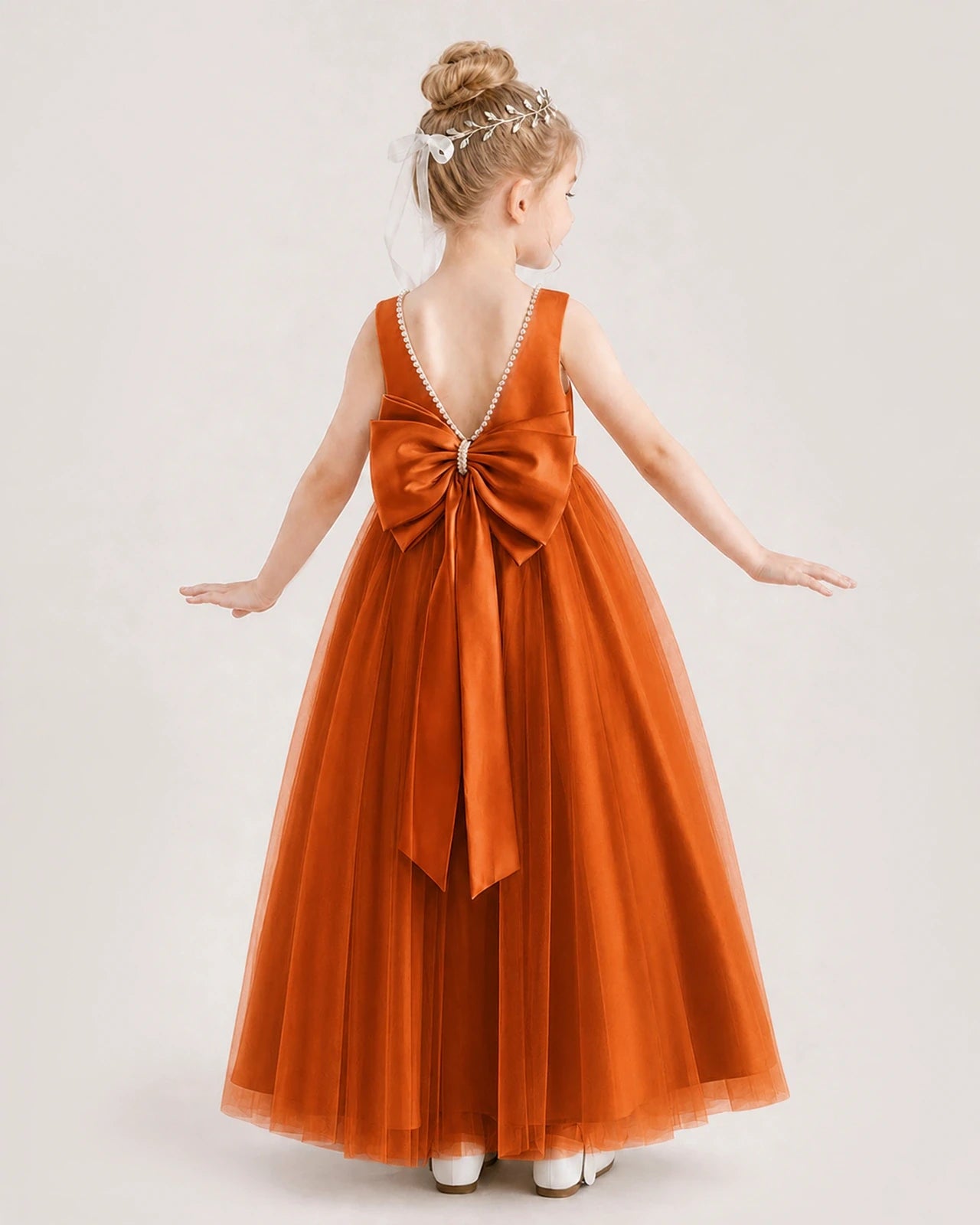Burnt Orange Satin and Tulle V-Neck A-Line Flower Girl Dresses Back View