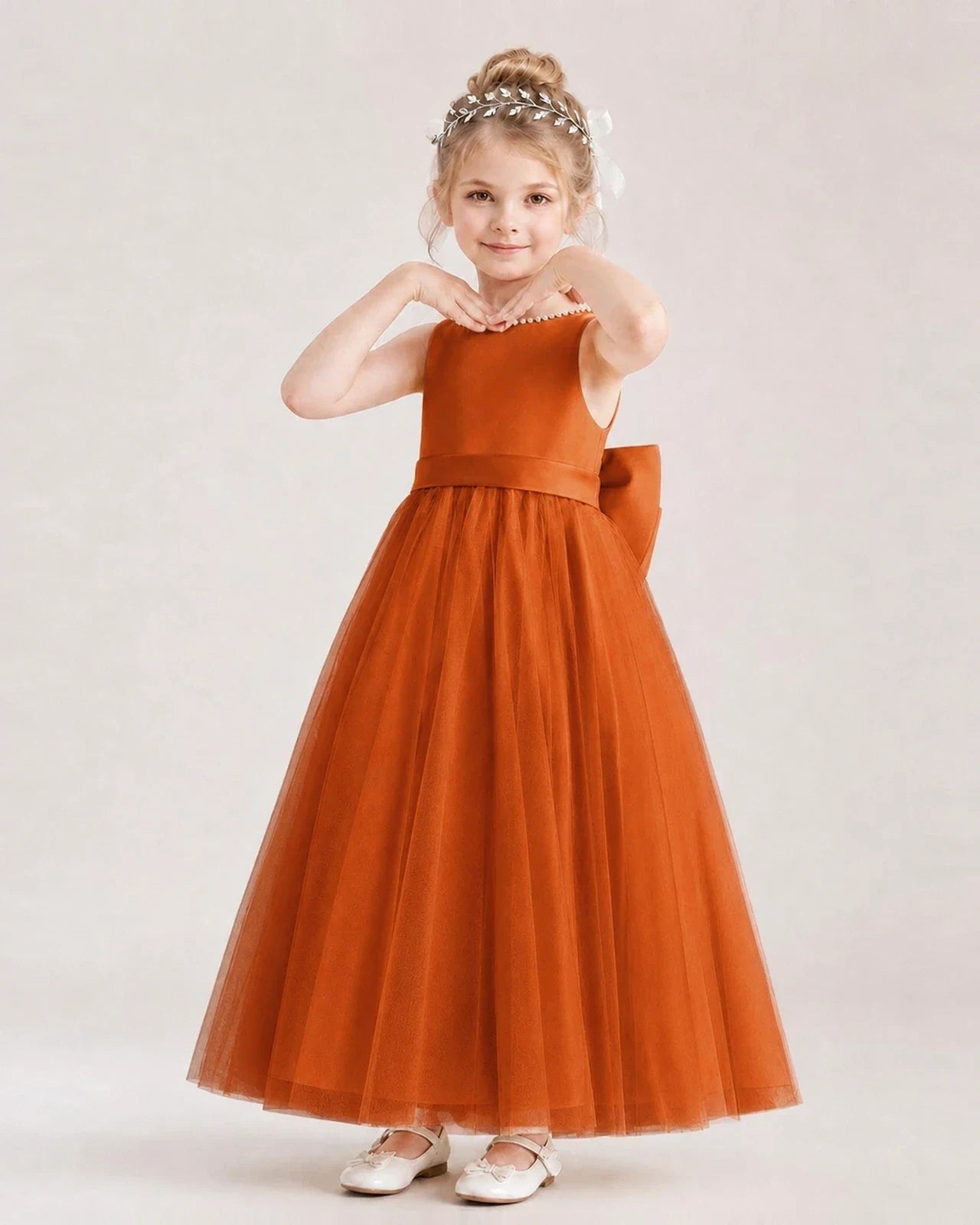 Burnt Orange Satin and Tulle A-Line Flower Girl Dresses Front View