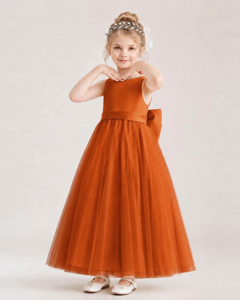 Burnt Orange Satin and Tulle A-Line Flower Girl Dresses Front View