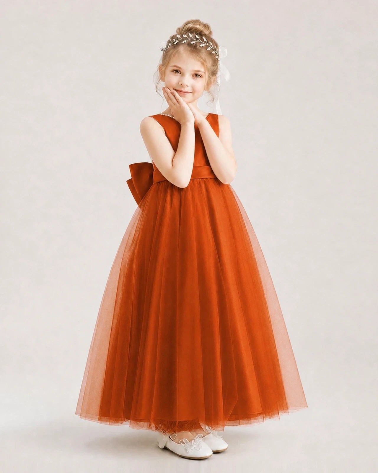 Burnt Orange Satin and Tulle A-Line Flower Girl Dress