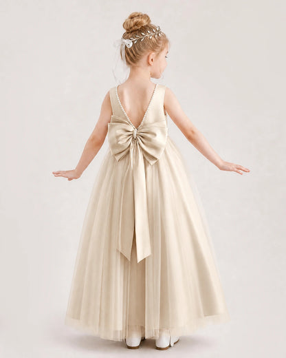 Champagne Satin and Tulle V-Back Bow Flower Girl Dresses Back View