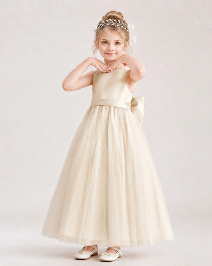 Champagne Satin and Tulle A-Line Flower Girl Dresses Front View