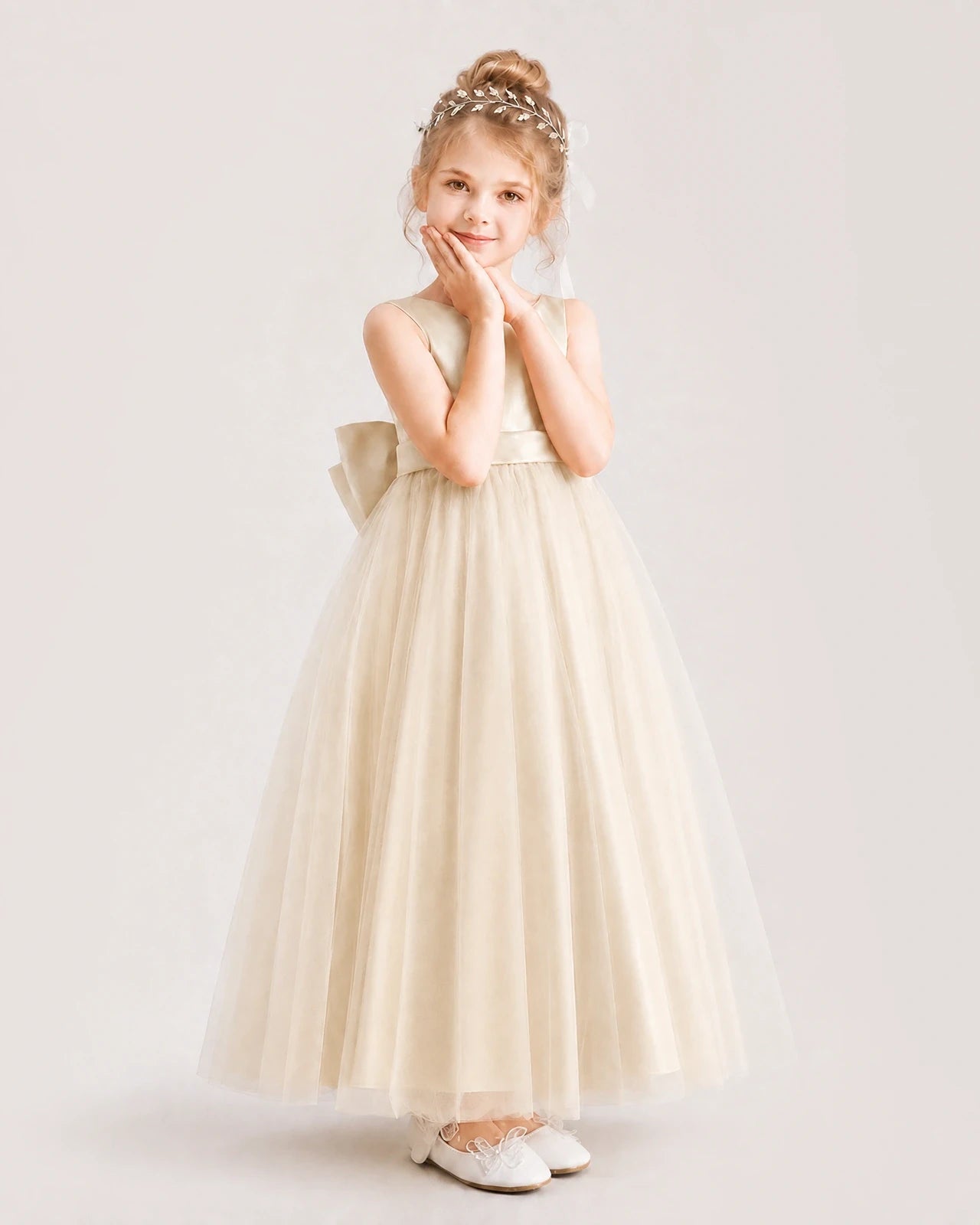 Champagne Satin Tulle A-Line Flower Girl Dresses