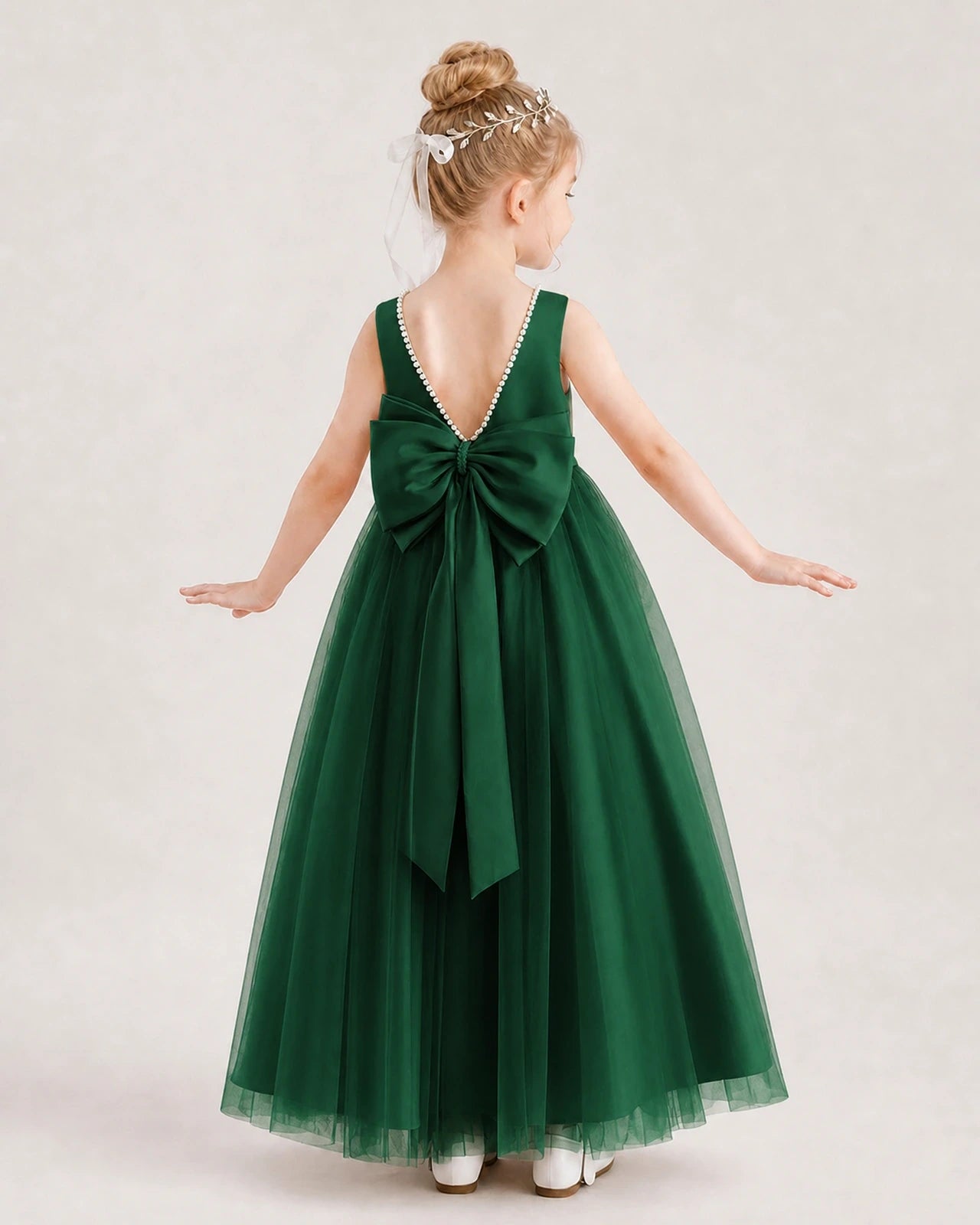 Dark Green Satin Tulle V-Back Flower Girl Dress Back View