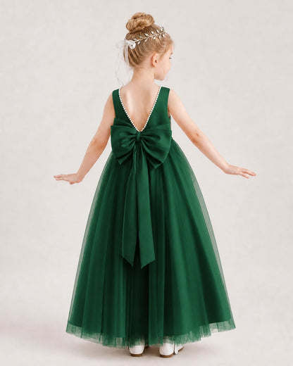 Dark Green Satin Tulle V-Back Flower Girl Dress Back View