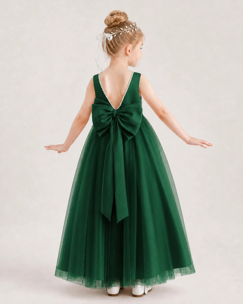 Dark Green Satin Tulle V-Back Flower Girl Dress Back View