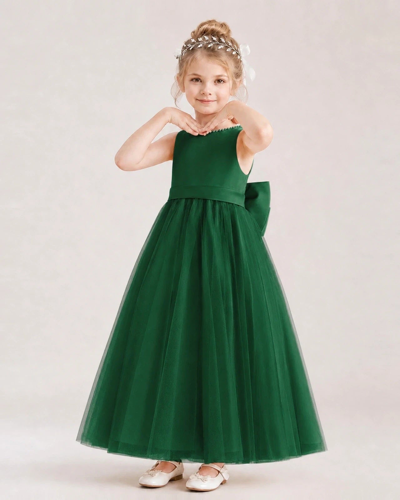 Dark Green Satin and Tulle A-Line Flower Girl Dresses Front View