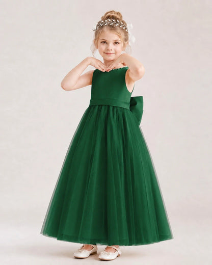 Dark Green Satin and Tulle A-Line Flower Girl Dresses Front View