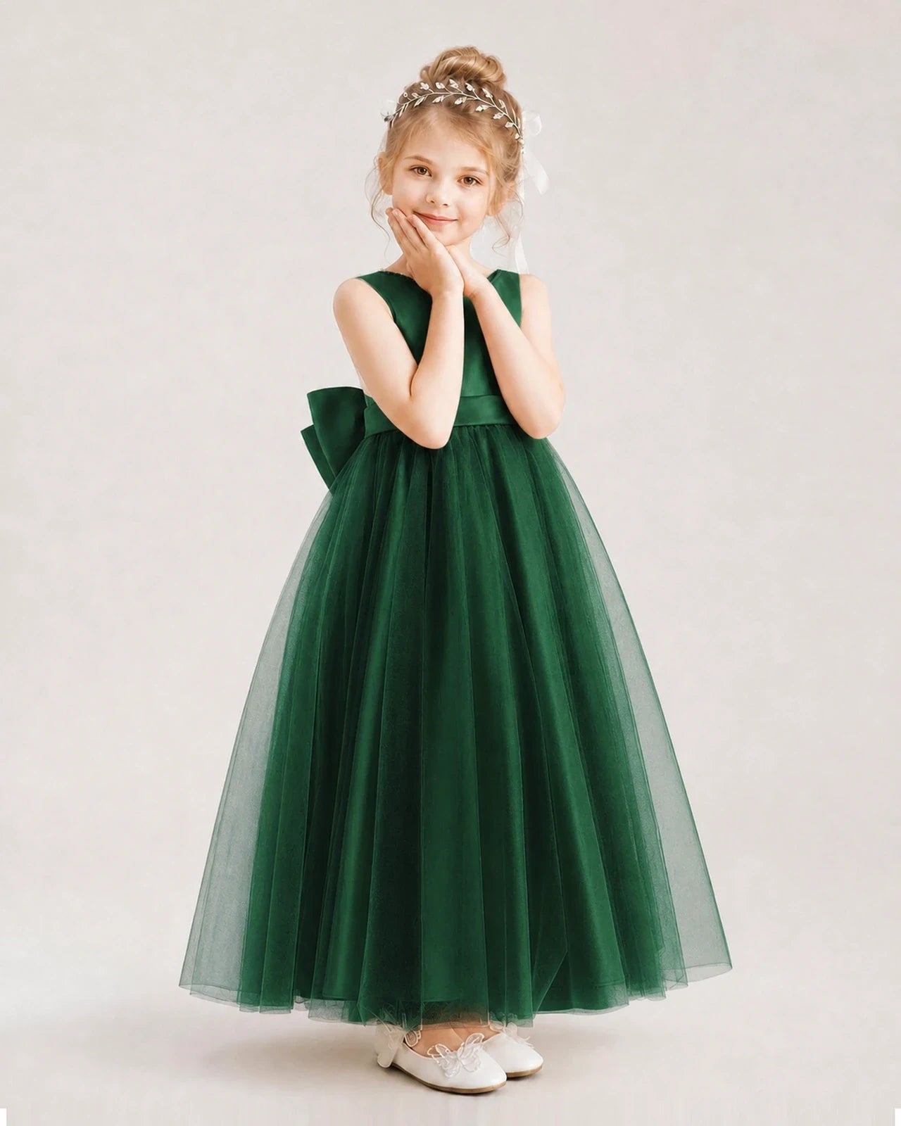 Dark Green Satin and Tulle A-Line Flower Girl Dresses