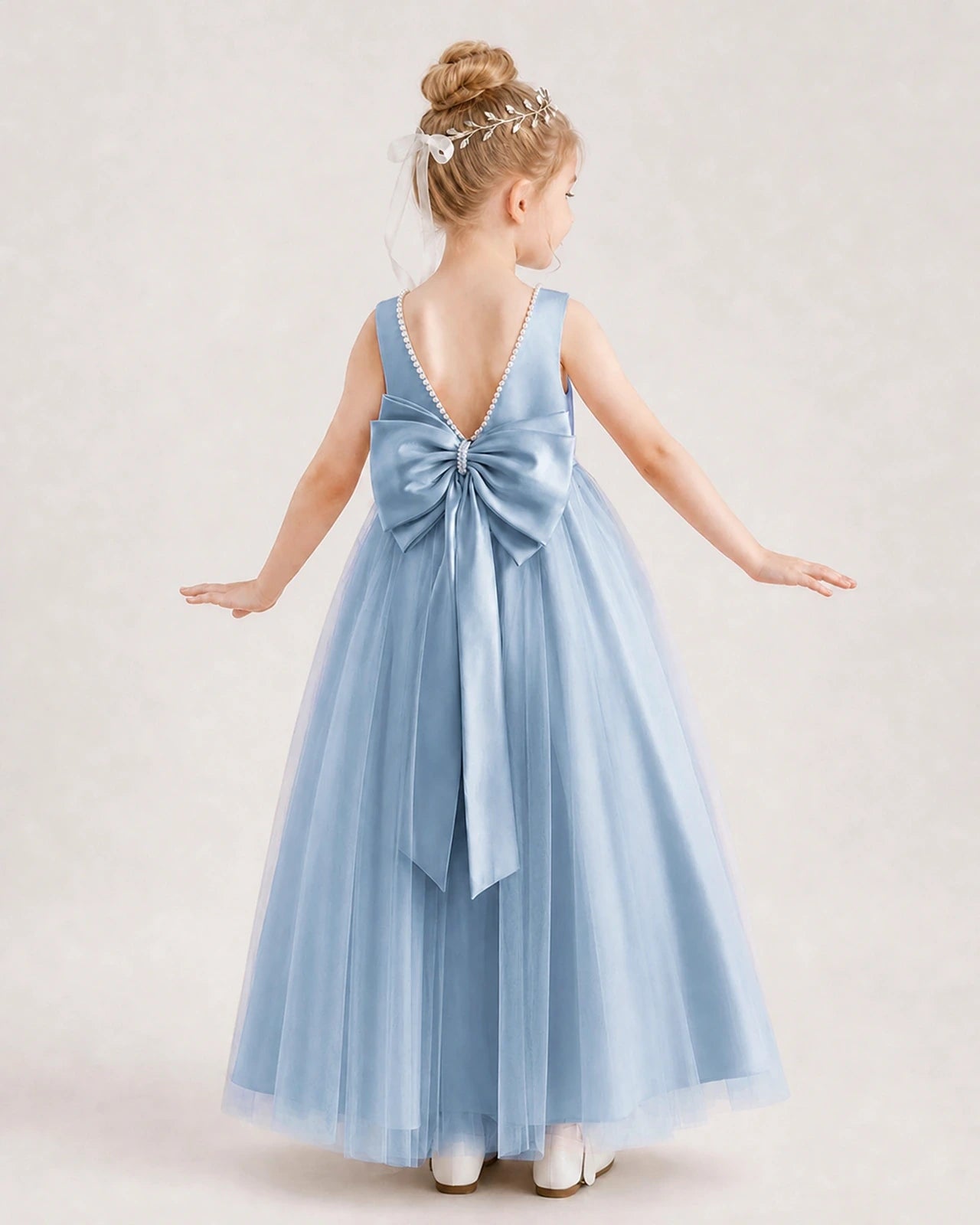 Dusty Blue Satin Tulle A-Line Flower Girl Dress Back View