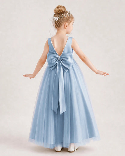 Dusty Blue Satin Tulle A-Line Flower Girl Dress Back View