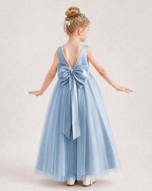 Dusty Blue Satin Tulle A-Line Flower Girl Dress Back View