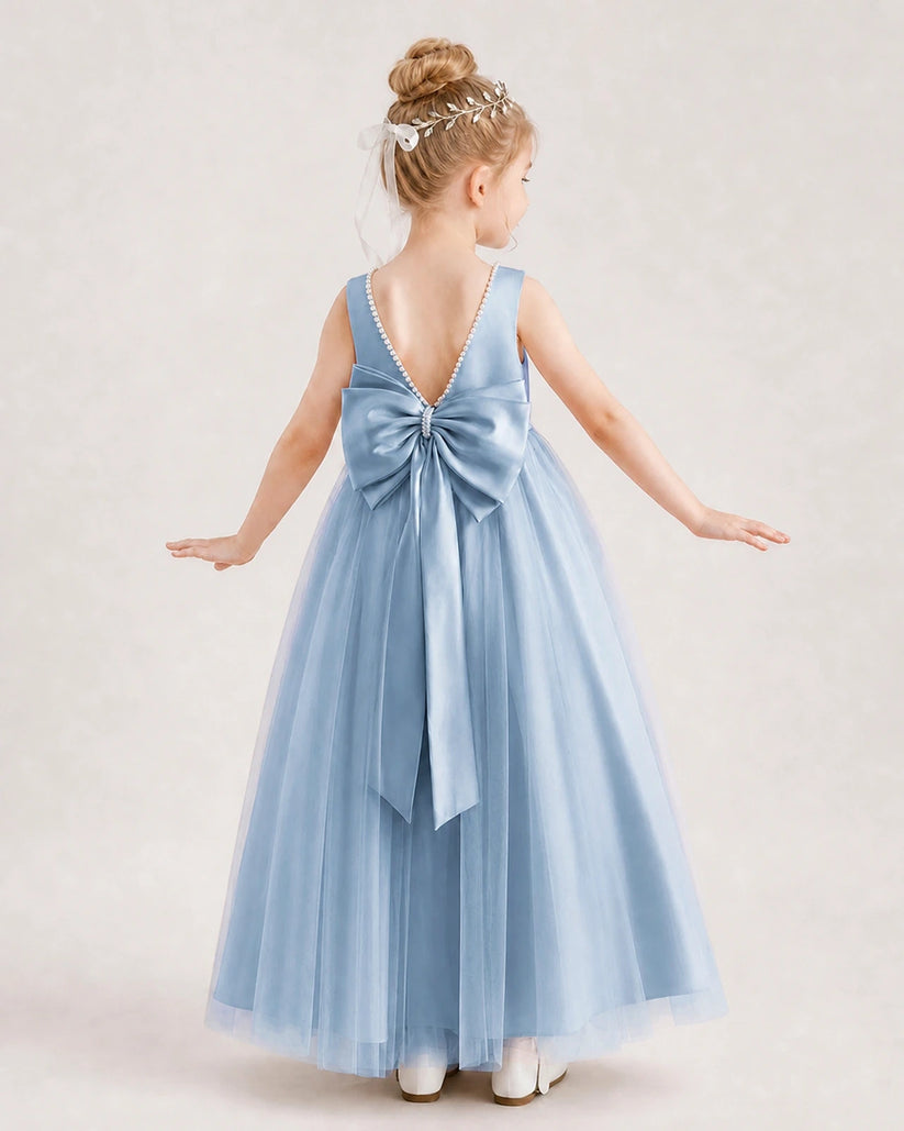 Dusty Blue Satin Tulle A-Line Flower Girl Dress Back View