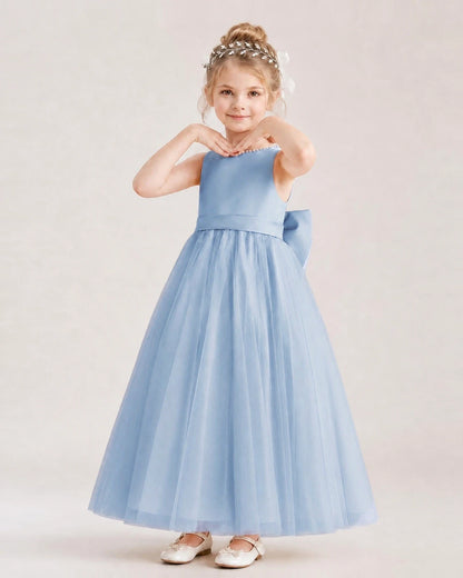 Dusty Blue Satin and Tulle A-Line Flower Girl Dress Front View