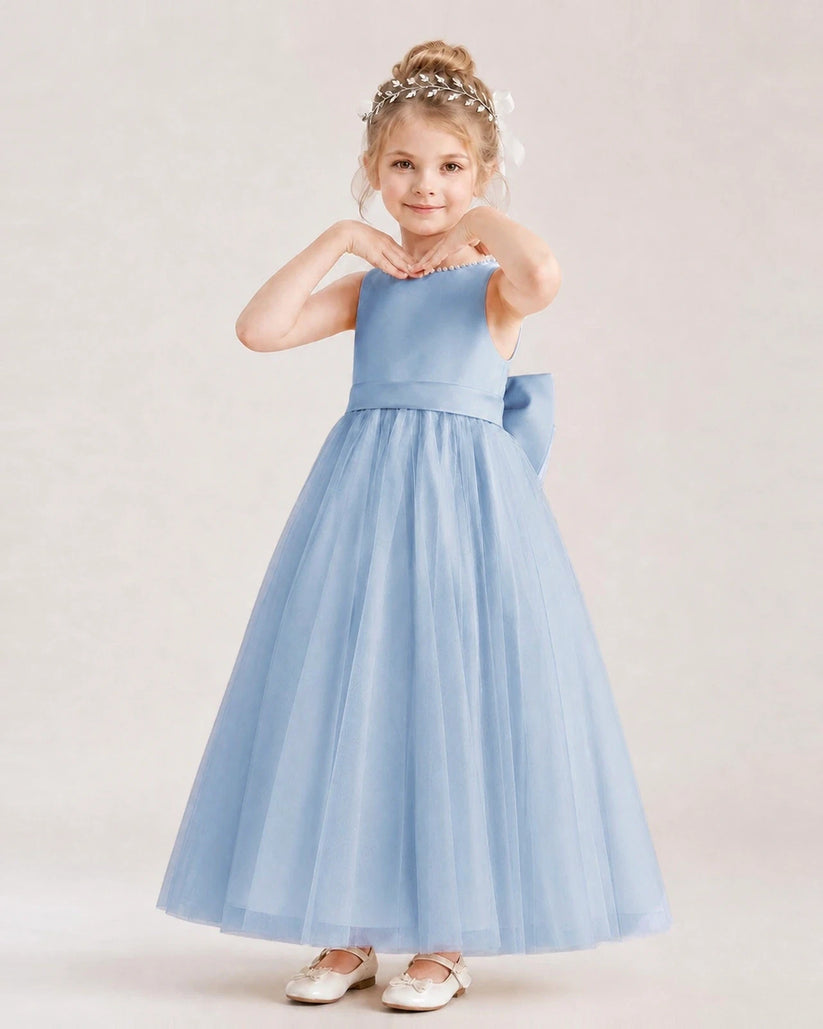 Dusty Blue Satin and Tulle A-Line Flower Girl Dress Front View