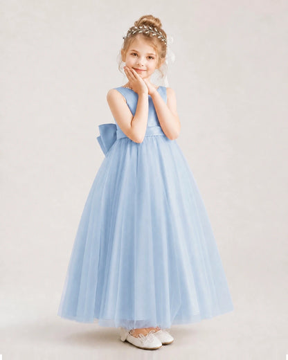Dusty Blue Satin and Tulle A-Line Flower Girl Dresses