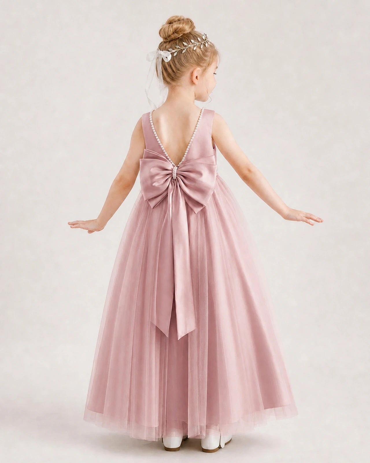Dusty Rose Satin and Tulle Bow Back A-Line Flower Girl Dresses Back View