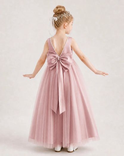 Dusty Rose Satin and Tulle Bow Back A-Line Flower Girl Dresses Back View
