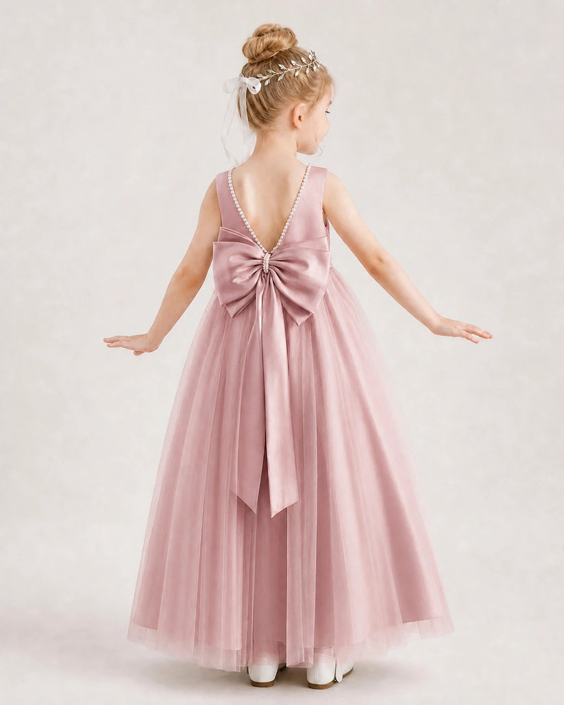 Dusty Rose Satin and Tulle Bow Back A-Line Flower Girl Dresses Back View