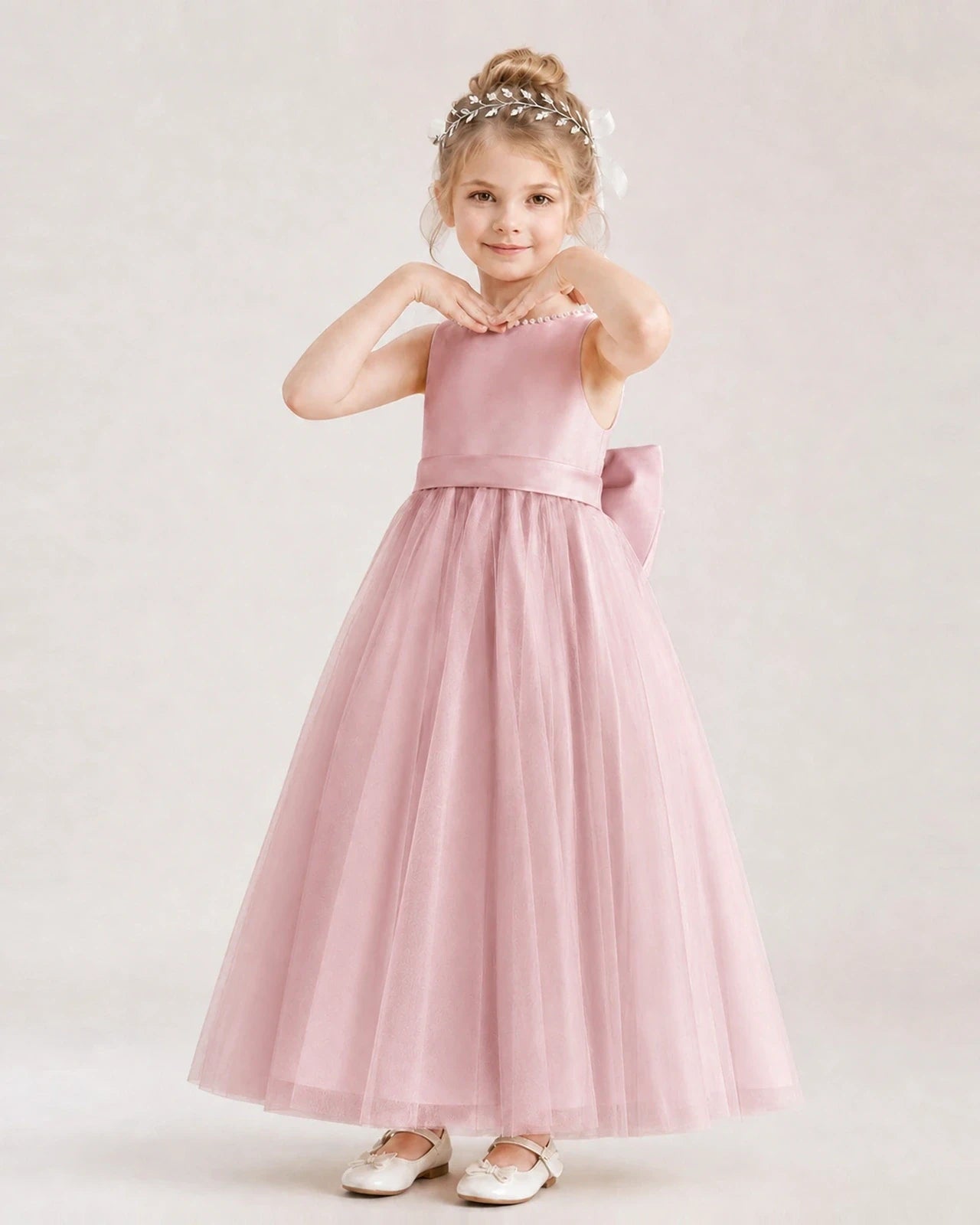 Dusty Rose Satin Tulle A-Line Flower Girl Dresses Front View