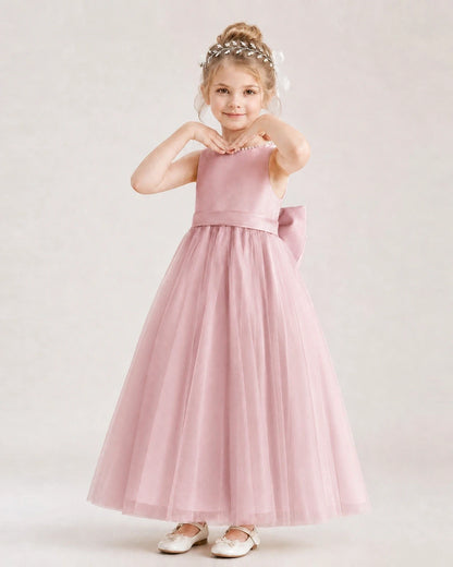 Dusty Rose Satin Tulle A-Line Flower Girl Dresses Front View