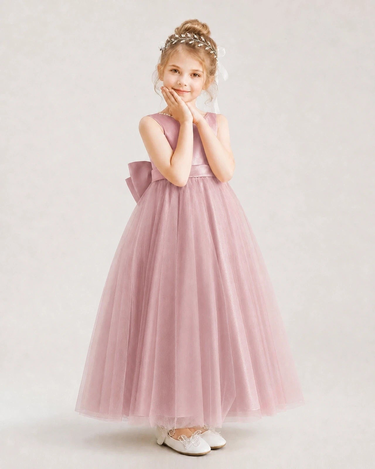 Dusty Rose Satin Tulle A-Line Flower Girl Dresses