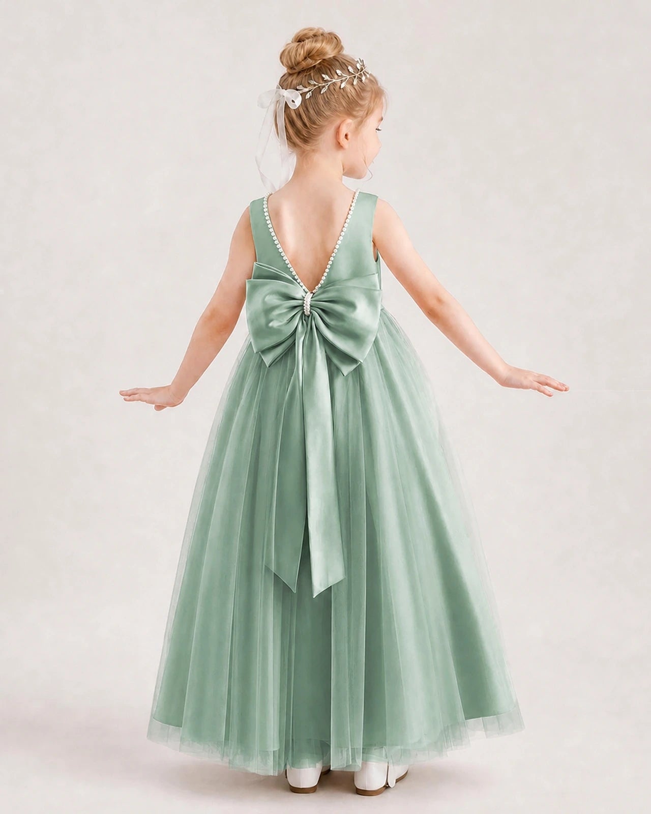 Eucalyptus Satin and Tulle Bow A-Line Flower Girl Dress Back View