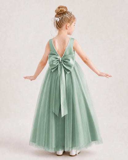 Eucalyptus Satin and Tulle Bow A-Line Flower Girl Dress Back View