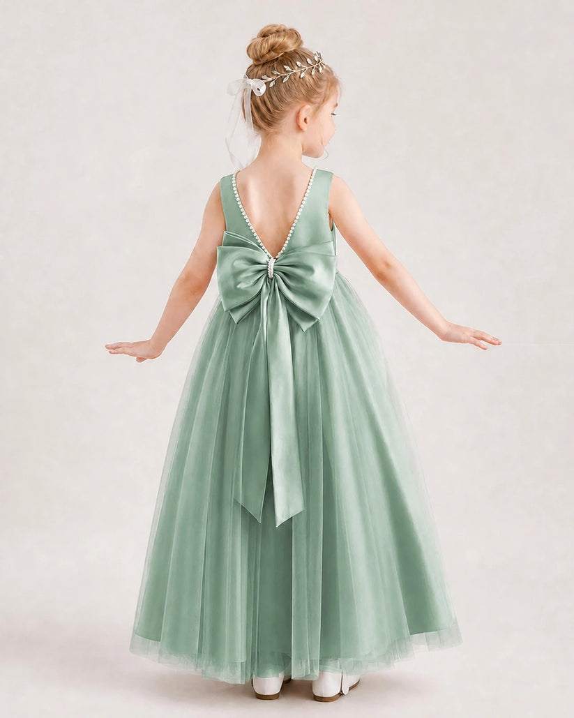 Eucalyptus Satin and Tulle Bow A-Line Flower Girl Dress Back View