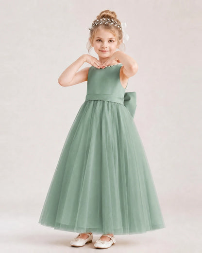 Eucalyptus Satin and Tulle A-Line Flower Girl Dress Front View