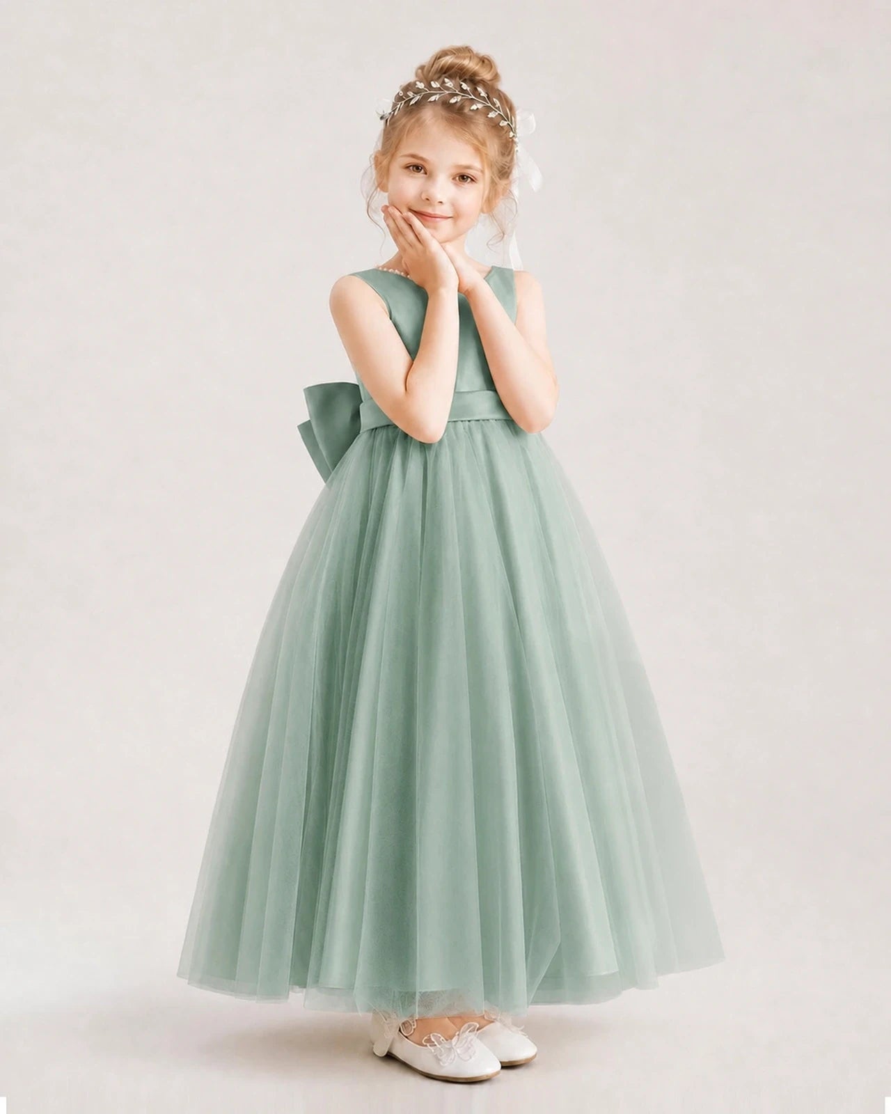 Eucalyptus Satin Tulle A-Line Flower Girl Dresses