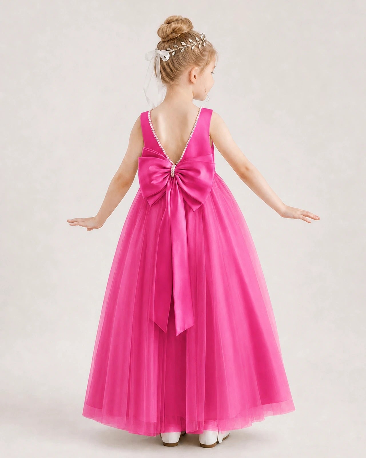 Hot Pink Satin Tulle Bow Flower Girl Dress Back View