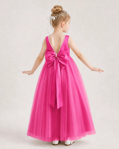 Hot Pink Satin Tulle Bow Flower Girl Dress Back View