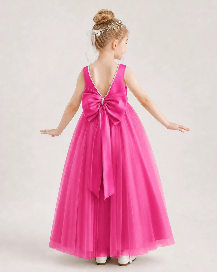 Hot Pink Satin Tulle Bow Flower Girl Dress Back View