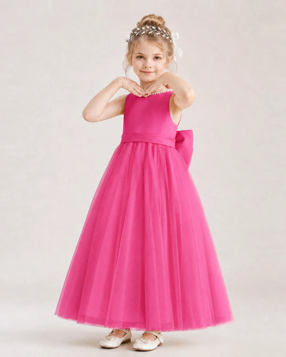 Hot Pink Satin Tulle A-Line Flower Girl Dresses Front View