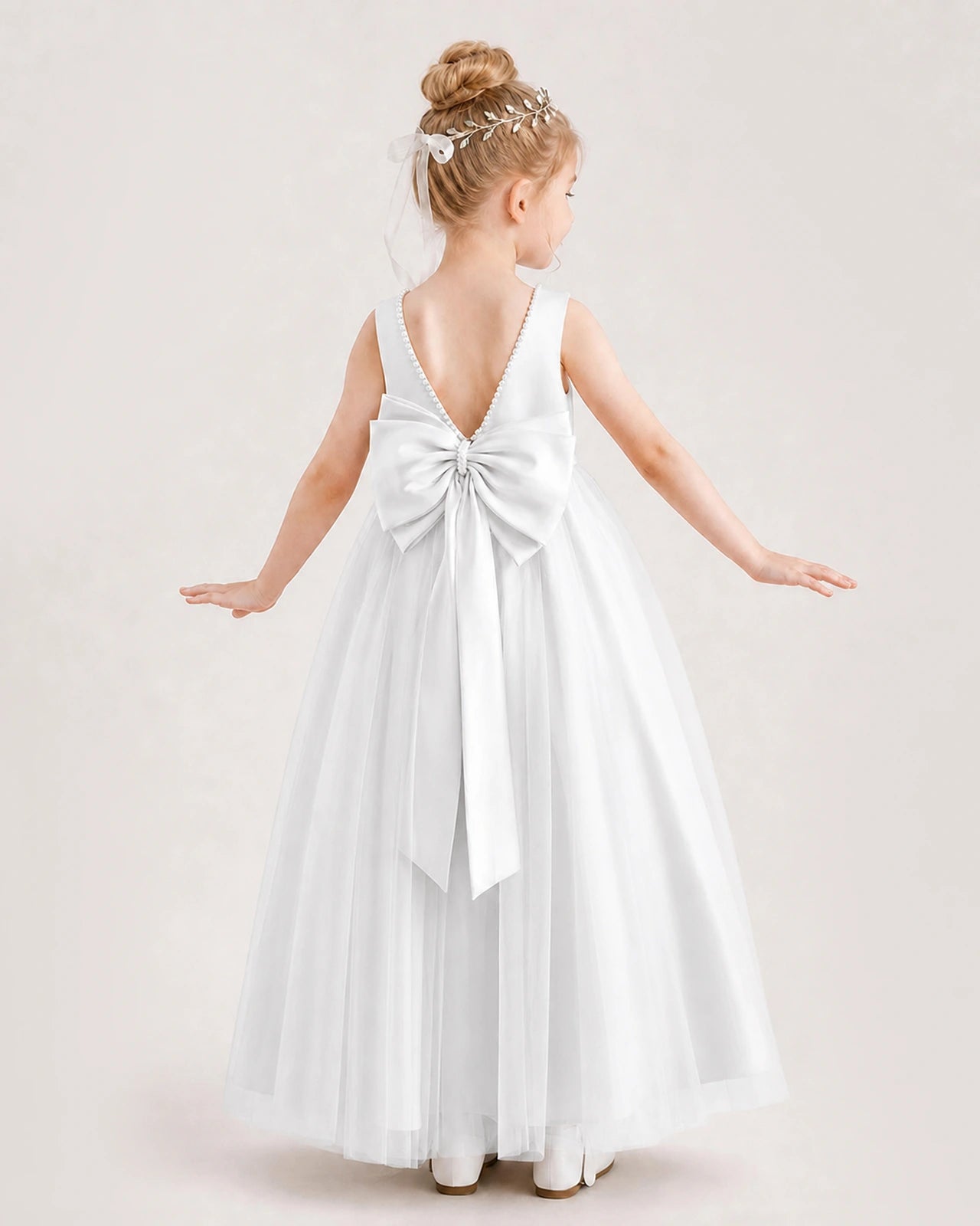 Ivory Satin and Tulle A-Line Flower Girl Dresses Back View