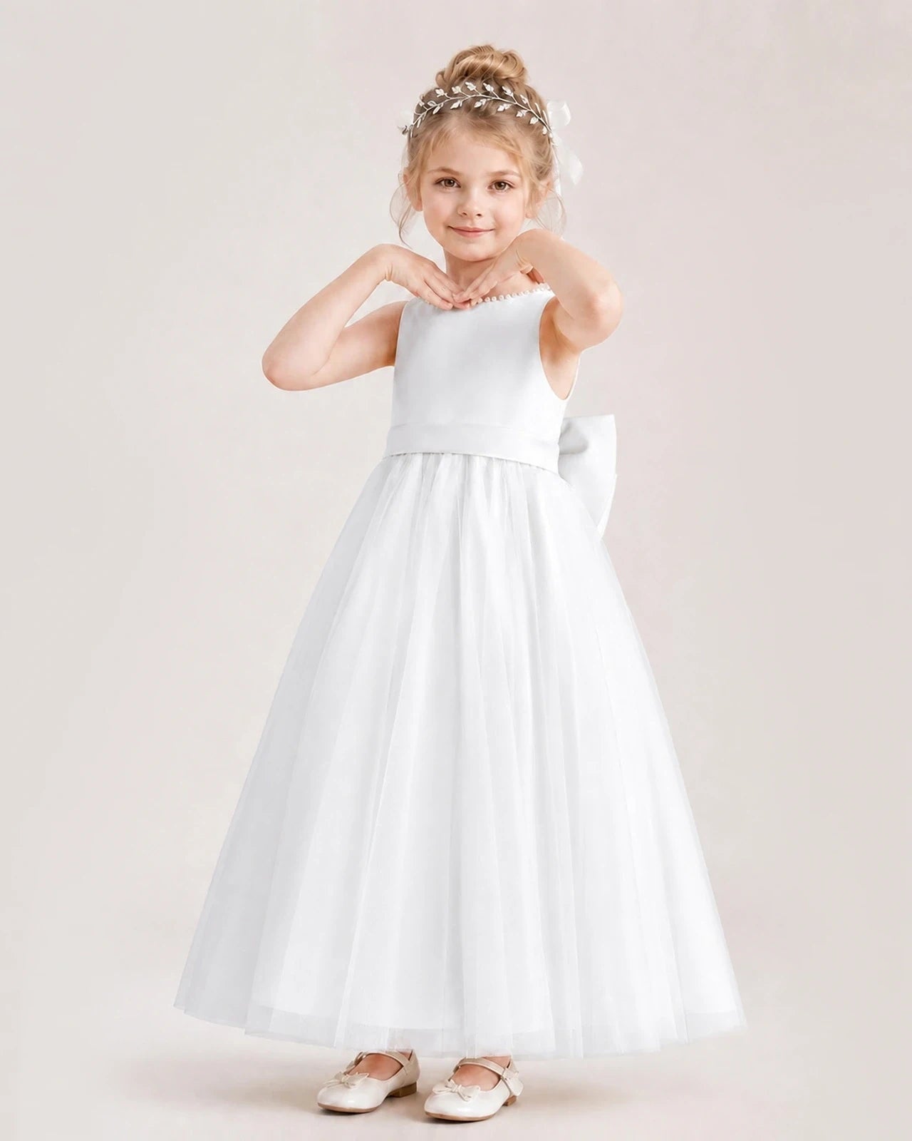Ivory Satin Tulle A-Line Flower Girl Dresses Front View