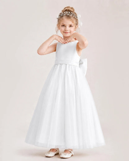 Ivory Satin Tulle A-Line Flower Girl Dresses Front View
