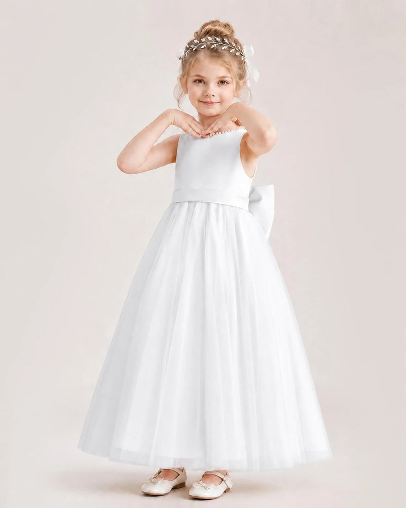 Ivory Satin Tulle A-Line Flower Girl Dresses Front View