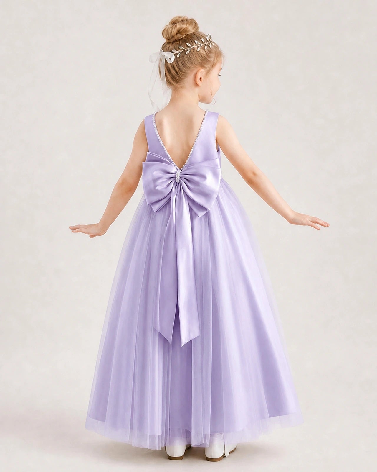 Lavender Satin and Tulle A-Line Flower Girl Dress Back View