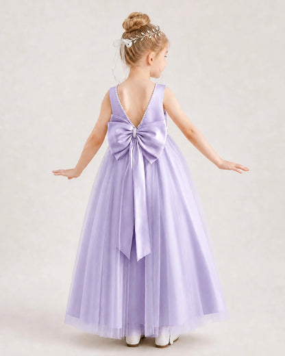 Lavender Satin and Tulle A-Line Flower Girl Dress Back View