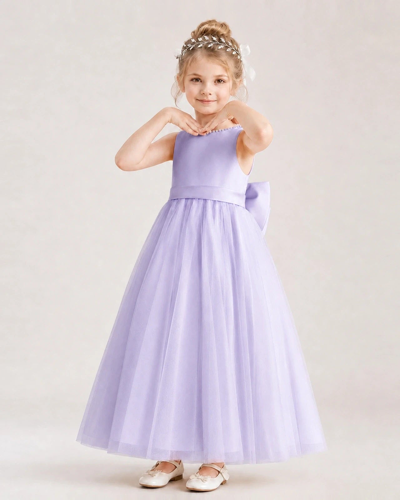 Lavender Satin Tulle A-Line Flower Girl Dresses Front View