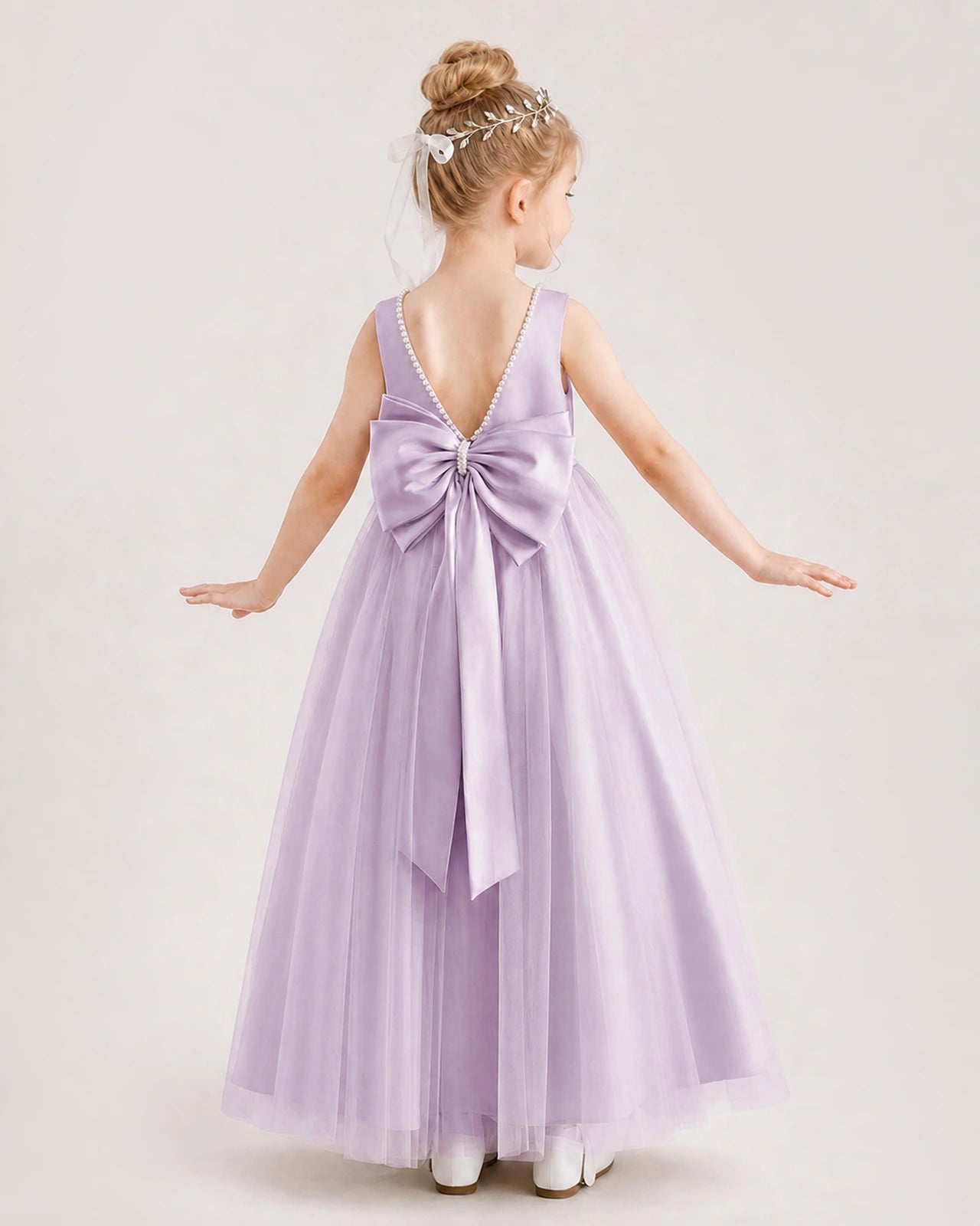 Lilac Satin and Tulle A-Line Flower Girl Dresses Back View