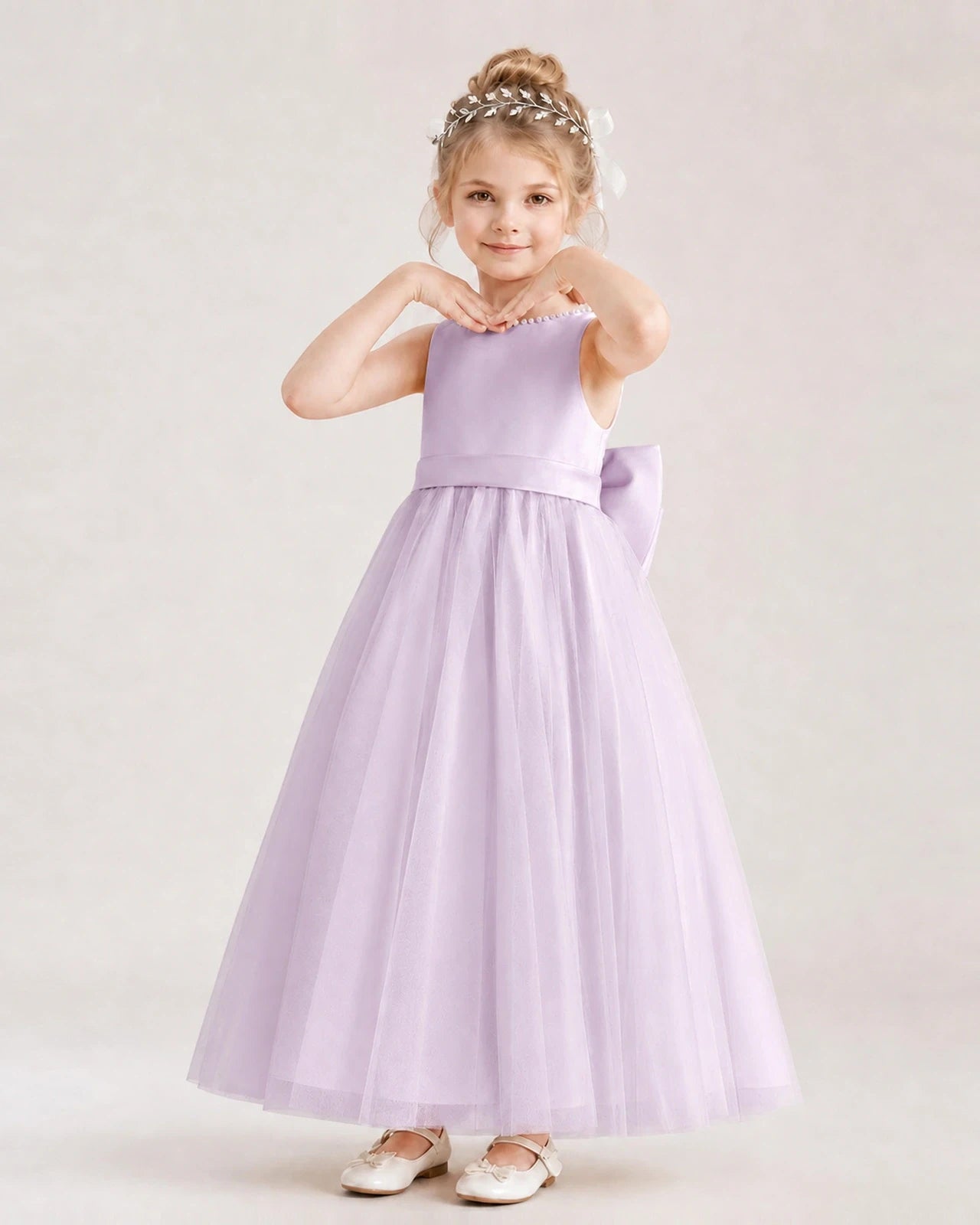 Lilac Satin and Tulle A-Line Flower Girl Dress Front View