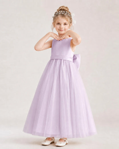 Lilac Satin and Tulle A-Line Flower Girl Dress Front View