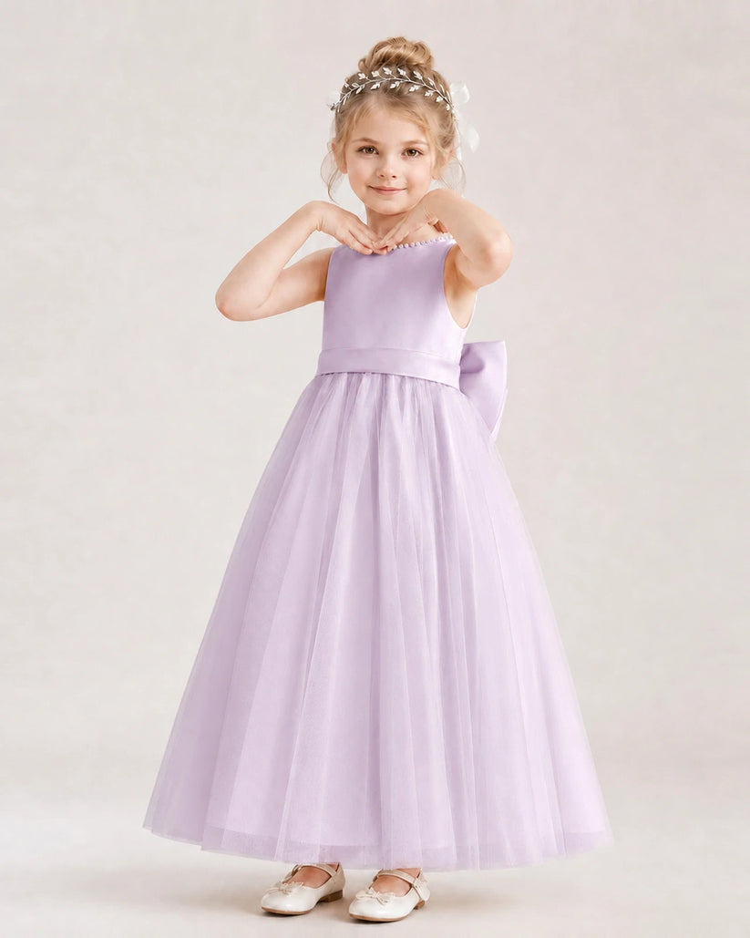Lilac Satin and Tulle A-Line Flower Girl Dress Front View