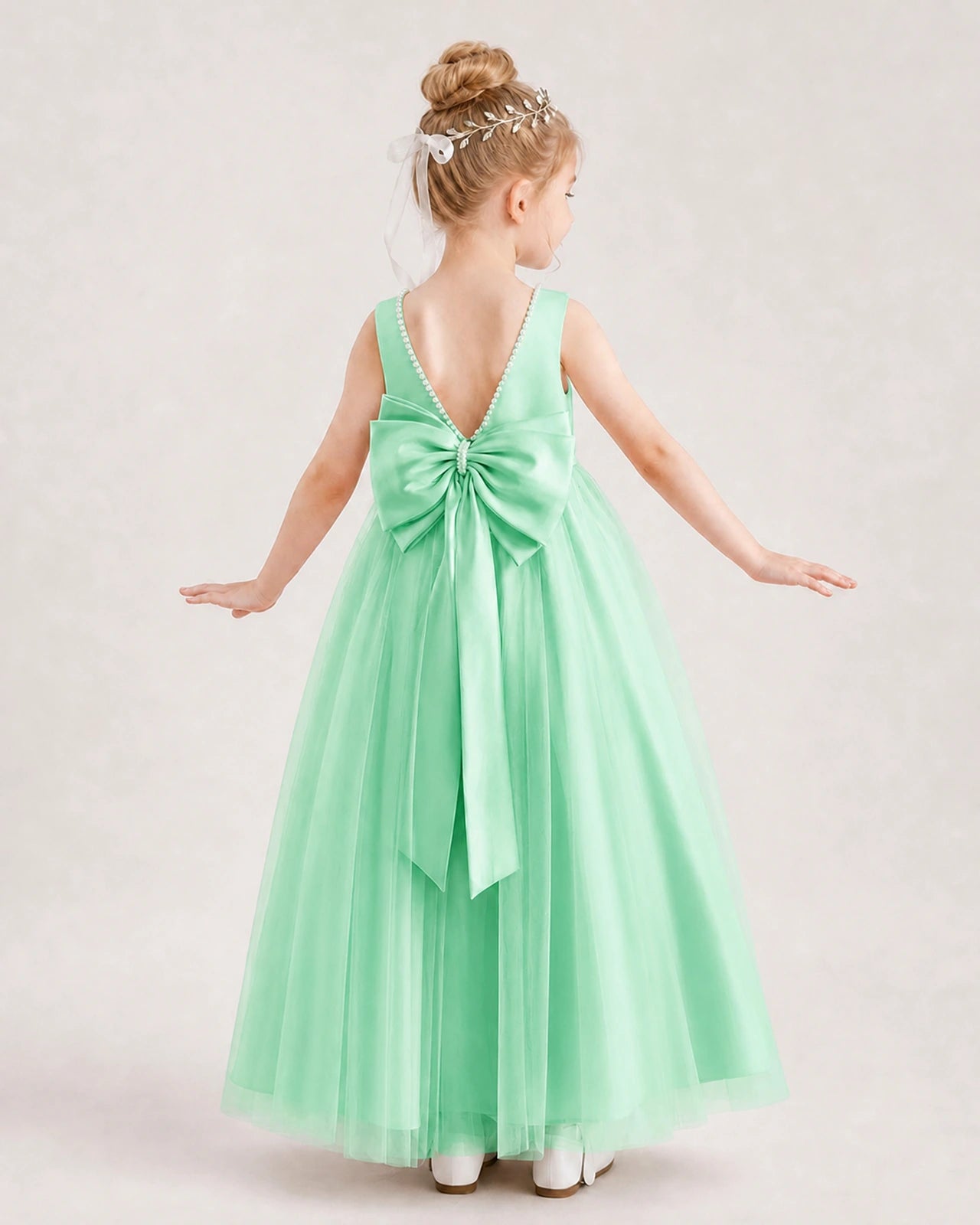 Mint Green Satin and Tulle Bow Back Flower Girl Dress Back View