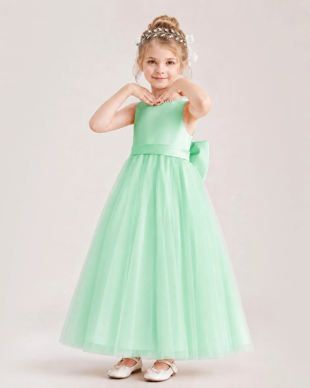 Mint Green Satin Tulle A-Line Flower Girl Dresses Front View