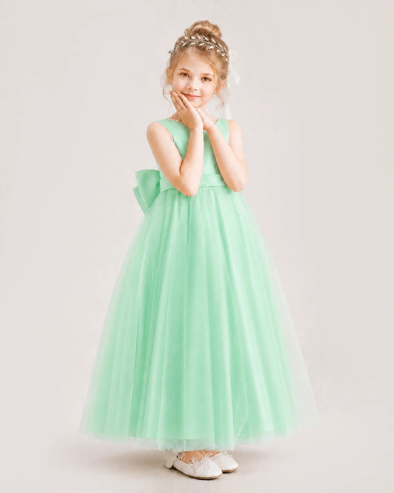 Mint Green Satin and Tulle A-Line Flower Girl Dress